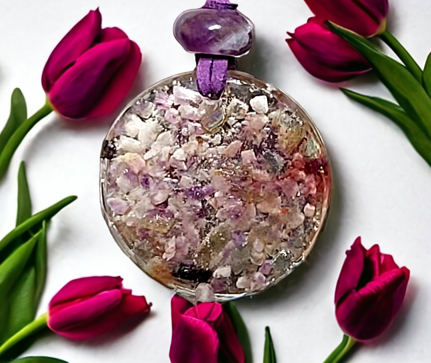 Orgon Anhänger Blume des Lebens mit Amethyst und Drachenblut